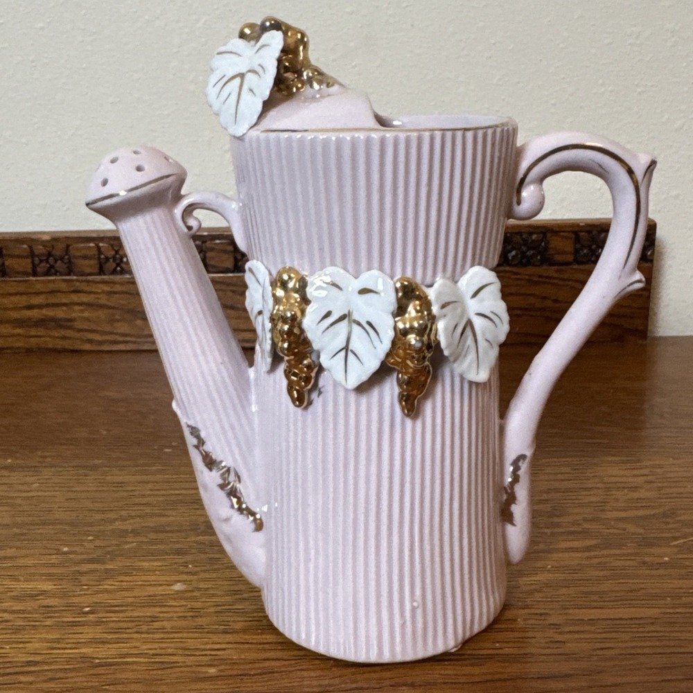 Thames Vintage Pink Ribbed Decorative Ceramic Watering Can 8" Japan Hand Painted